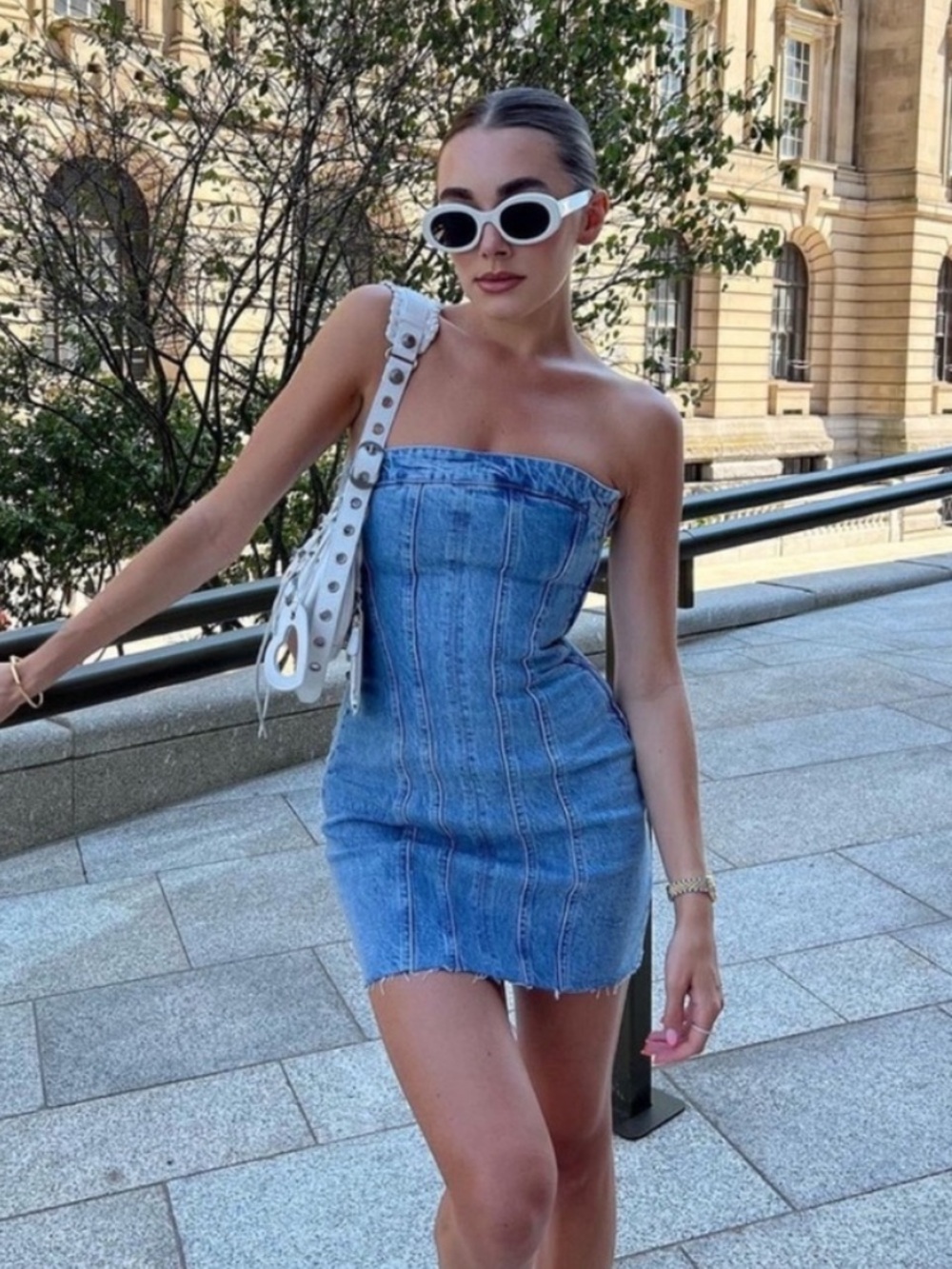 Zara Light Blue Denim Strapless Bandeau Mini Dress - Picture 2 of 6